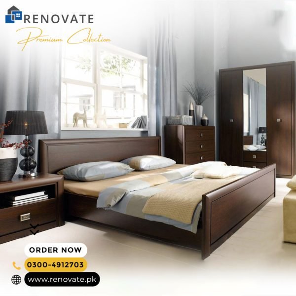 King sized bed with side tables, chester of drawers and 3 door cupboard made in oak board and polished